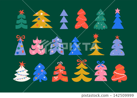 Colorful Christmas tree icon set in naive folk style. Childish hand drawn Christmas elements with Colorful Christmas tree icon set in naive folk style. Childish hand drawn Christmas elements with 142509999