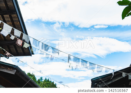 Prayer flags fluttering in the blue sky Prayer flags fluttering in the blue sky 142510367