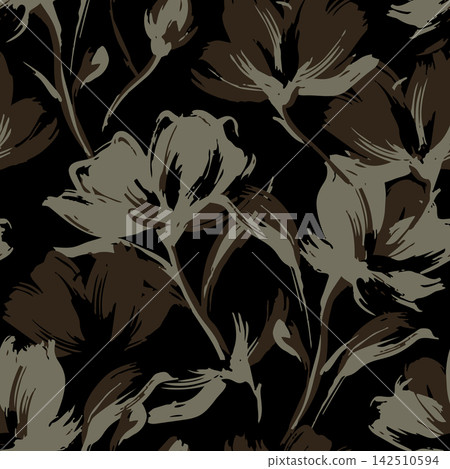 Seamless floral pattern with painted Halimium rock rose blossoms on a dark background for fabric prints, luxury packaging, and boutique wallpapers. Seamless floral pattern with painted Halimium rock rose blossoms on a dark background for fabric prints, luxury packaging, and boutique wallpapers. 142510594