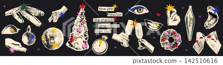 Christmas halftone collage paper cut outs and glitter stars collection. Vintage celestial paper clippings set. New Year stickers with hands, disco ball and confetti. Modern retro vector illustration 142510616