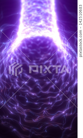 Glowing purple energy sphere connected to a luminous plasma column, surrounded by flowing electric lines in a futuristic abstract background. Glowing purple energy sphere connected to a luminous plasma column, surrounded by flowing electric lines in a futuristic abstract background. 142510683