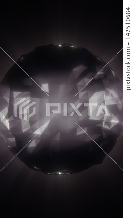 Dark faceted metallic sphere with reflective polygonal surfaces, subtle highlights, and a mysterious futuristic appearance against a black background. Dark faceted metallic sphere with reflective polygonal surfaces, subtle highlights, and a mysterious futuristic appearance against a black background. 142510684