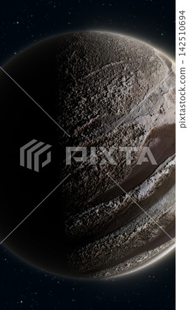 Detailed rocky planet with cratered terrain illuminated against a dark star field, depicting astronomy, space exploration, and an alien world. Detailed rocky planet with cratered terrain illuminated against a dark star field, depicting astronomy, space exploration, and an alien world. 142510694