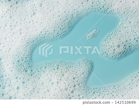 Closeup soapy foam with turquoise water pool and concentrated bubbles, with foam, bubble, soap, soapy detail, showing turquoise, Closeup soapy foam with turquoise water pool and concentrated bubbles, with foam, bubble, soap, soapy detail, showing turquoise, 142510699