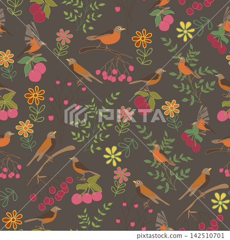 American robin bird with cherries seamless pattern. Perfect for textile, wallpaper and background. American robin bird with cherries seamless pattern. Perfect for textile, wallpaper and background. 142510701