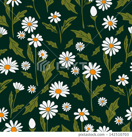 Daisy flowers seamless pattern. Chamomile floral pattern suitable for textiles, nursery, wedding dress, fabrics and wallpapers. Daisy flowers seamless pattern. Chamomile floral pattern suitable for textiles, nursery, wedding dress, fabrics and wallpapers. 142510703