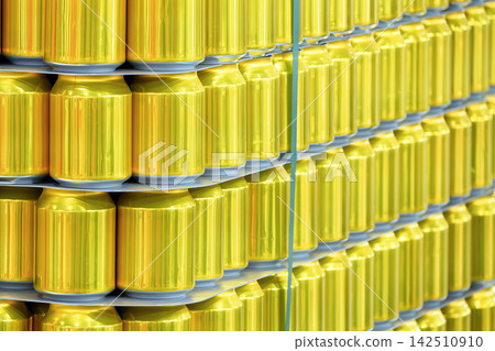 Perspective view of stacked golden aluminum beverage cans on a pallet in a warehouse Perspective view of stacked golden aluminum beverage cans on a pallet in a warehouse 142510910