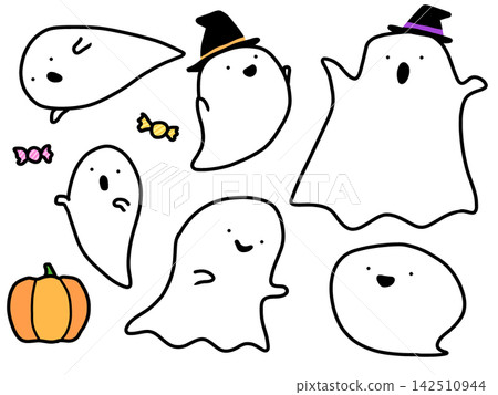 Cute Halloween ghost illustration material - hand-drawn style, relaxed ghosts Cute Halloween ghost illustration material - hand-drawn style, relaxed ghosts 142510944