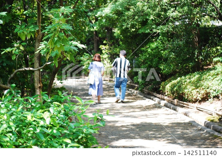 一男一女的背影沿著綠樹成蔭的公園步道行走。 一男一女的背影沿著綠樹成蔭的公園步道行走。 142511140
