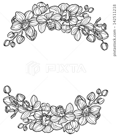 Wreath , round frame of orchid flowers, hand drawn sketch, invitation card, wedding design, floral illustration Wreath , round frame of orchid flowers, hand drawn sketch, invitation card, wedding design, floral illustration 142511218