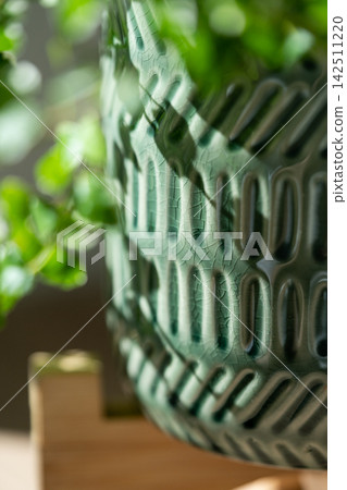 Close-up of textured green ceramic plant pot with blurred foliage in soft natural sunlight. Close-up of textured green ceramic plant pot with blurred foliage in soft natural sunlight. 142511220