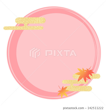 Japanese-style round frame with autumn leaves and clouds, pink. Japanese-style round frame with autumn leaves and clouds, pink. 142511222