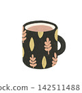 Cozy coffee mug fall vibe illustration dark academia moody earthy palette 142511488
