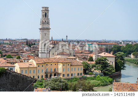 Verona Panoramic View Old Town with Adige River Towers and Historic houses roof Buildings in Italy Verona Panoramic View Old Town with Adige River Towers and Historic houses roof Buildings in Italy 142511489