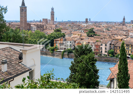 Panoramic View of Verona Old Town with Adige River Towers and Historic Buildings in Italy on Summer Panoramic View of Verona Old Town with Adige River Towers and Historic Buildings in Italy on Summer 142511495