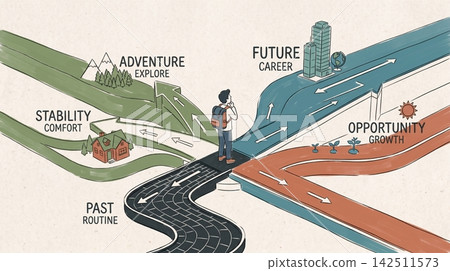 A young person standing at a crossroads choosing between different 142511573