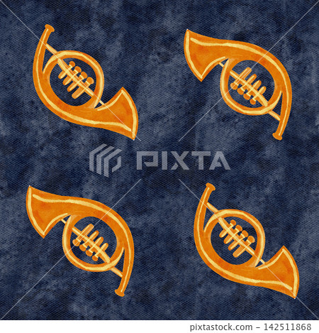 Brass horns in warm golden tones. Watercolor seamless pattern. Hand-painted musical design on blue, perfect for festive wrapping paper, Christmas crafts, textiles, invitations, and creative projects Brass horns in warm golden tones. Watercolor seamless pattern. Hand-painted musical design on blue, perfect for festive wrapping paper, Christmas crafts, textiles, invitations, and creative projects 142511868