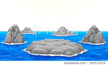 海面上漂浮著岩石露頭和礁石的背景插圖。 海面上漂浮著岩石露頭和礁石的背景插圖。 142511876