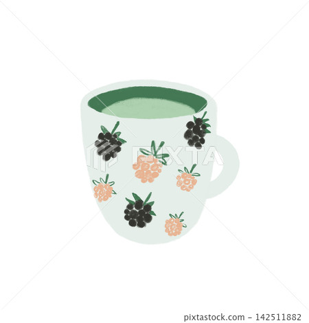 Cozy matcha green tea mug forest berry pattern pencil cute illustration Cozy matcha green tea mug forest berry pattern pencil cute illustration 142511882
