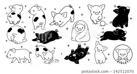 A set of pen-and-ink illustrations of piglets (running, sleeping, playing, relaxing) A set of pen-and-ink illustrations of piglets (running, sleeping, playing, relaxing) 142512070