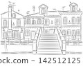 Black and White Vector Illustration of Burano Houses and Bridge in Italy 142512125