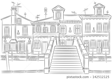 Black and White Vector Illustration of Burano Houses and Bridge in Italy 142512125