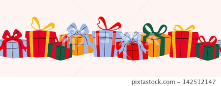 Seamless border of colorful gift boxes with tied ribbon bows. Background pattern for Christmas, birthday party, shopping sale, and holiday. Seamless border of colorful gift boxes with tied ribbon bows. Background pattern for Christmas, birthday party, shopping sale, and holiday. 142512147