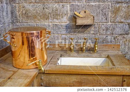 Antique Copper Urn and Brass Taps by Castle Scullery Sink Antique Copper Urn and Brass Taps by Castle Scullery Sink 142512376