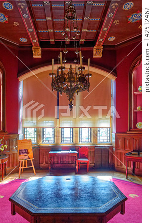 The Drawing Room or Great Hall Interior with Bear Motif Carpet at Knightshayes Court The Drawing Room or Great Hall Interior with Bear Motif Carpet at Knightshayes Court 142512462