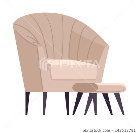 Beige armchair. Soft comfy wingback chair with matching wooden footstool flat vector illustration. Mid century home furniture Beige armchair. Soft comfy wingback chair with matching wooden footstool flat vector illustration. Mid century home furniture 142512781