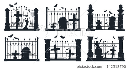 Gothic cemetery fence collection. Black graveyard gates, tombstones, crosses and bats scenes flat vector illustration set. Halloween horror graphics isolated on white background Gothic cemetery fence collection. Black graveyard gates, tombstones, crosses and bats scenes flat vector illustration set. Halloween horror graphics isolated on white background 142512790