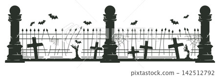 Halloween cemetery fence silhouette. Gothic graveyard gates, tombstones, crosses and bats flat vector illustration. Spooky horror decoration border Halloween cemetery fence silhouette. Gothic graveyard gates, tombstones, crosses and bats flat vector illustration. Spooky horror decoration border 142512792