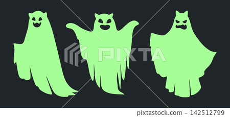 Spooky ghost character collection. Glowing Halloween ghosts with varied face expressions flat vector illustration set. Spooky spirits on dark Spooky ghost character collection. Glowing Halloween ghosts with varied face expressions flat vector illustration set. Spooky spirits on dark 142512799