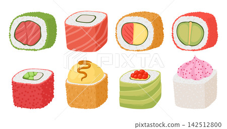 Sushi assortment. Maki rolls and colorful sushi pieces with salmon, avocado and cucumber flat vector illustration set. Japanese cuisine isolated on white background Sushi assortment. Maki rolls and colorful sushi pieces with salmon, avocado and cucumber flat vector illustration set. Japanese cuisine isolated on white background 142512800