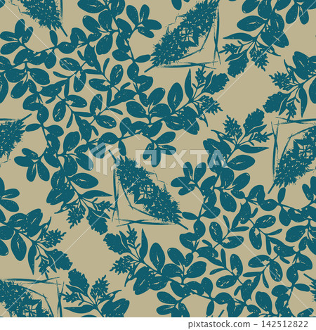 Seamless pattern with Hebe 'White Gem' block print silhouettes. A modern botanical design in teal and beige for textile, wallpaper, and packaging. Seamless pattern with Hebe 'White Gem' block print silhouettes. A modern botanical design in teal and beige for textile, wallpaper, and packaging. 142512822