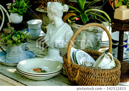 Vintage Flea Market Display with Classical Bust and Wicker Basket Vintage Flea Market Display with Classical Bust and Wicker Basket 142512833