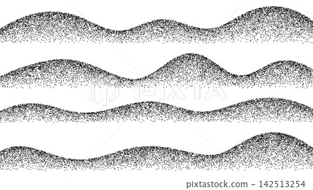 Wave grain texture with dot sand dune creating abstract mountain hill. Flow curve and stipple gradient form, minimalist background perfect for modern design. Wave grain texture with dot sand dune creating abstract mountain hill. Flow curve and stipple gradient form, minimalist background perfect for modern design. 142513254