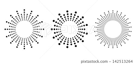 Radial sunburst with halftone dots creating dynamic rays. Circular pattern with concentric lines. Radial sunburst with halftone dots creating dynamic rays. Circular pattern with concentric lines. 142513264