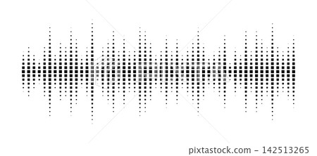 Sound wave pattern with halftone dots creating audio frequency visualization. Music equalizer design with rhythmic pulse elements on white background. Sound wave pattern with halftone dots creating audio frequency visualization. Music equalizer design with rhythmic pulse elements on white background. 142513265