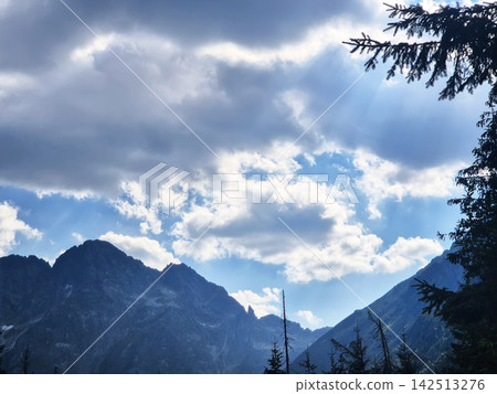 A mountain landscape in the High Tatras with patches of coniferous forest covering the slopes. Scenic alpine scenery in southern Poland. 142513276