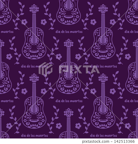 Dia de los Muertos seamless pattern with decorated guitar, floral vine, folk calavera ornament. Traditional Mexico festival symbolic for Death celebration. Mexican folk print of the musical instrument Dia de los Muertos seamless pattern with decorated guitar, floral vine, folk calavera ornament. Traditional Mexico festival symbolic for Death celebration. Mexican folk print of the musical instrument 142513366