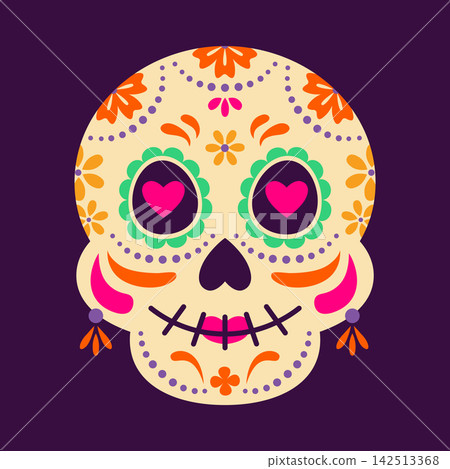 Decorative calavera skull with flowers and ornate folk pattern. Dia de los Muertos Mexican cultural celebration design. Traditional Mexico festival symbolic for Death celebration. 142513368