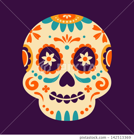 Mexican Skull Catrina calavera for Day of the Dead with flowers decorated. Sugar skull for Dia De Los Muertos holiday festival with Traditional Mexico floral marigold or cempasuchil flowers ornament Mexican Skull Catrina calavera for Day of the Dead with flowers decorated. Sugar skull for Dia De Los Muertos holiday festival with Traditional Mexico floral marigold or cempasuchil flowers ornament 142513369