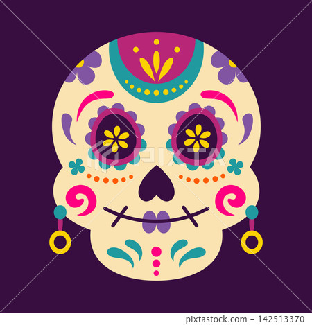 Dia de los Muertos. Mexican calavera sugar skull illustration with floral decoration. Festive Mexican cultural festival symbolic day of dead celebration. Cartoon vector decorated calaca craniums. Dia de los Muertos. Mexican calavera sugar skull illustration with floral decoration. Festive Mexican cultural festival symbolic day of dead celebration. Cartoon vector decorated calaca craniums. 142513370