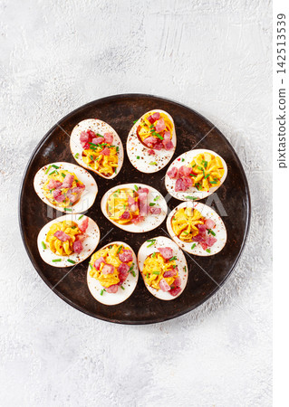 Spicy, stuffed ramen eggs, with bacon and green onions, homemade, no people, Spicy, stuffed ramen eggs, with bacon and green onions, homemade, no people, 142513539