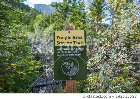 A warning sign prohibiting entry to a nature reserve area is placed in a pine forest. Canmore, Alberta, Canada. A warning sign prohibiting entry to a nature reserve area is placed in a pine forest. Canmore, Alberta, Canada. 142513558