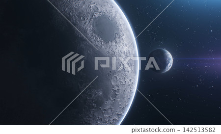 Distant Moon Orbiting Dark Alien Planet in Space Distant Moon Orbiting Dark Alien Planet in Space 142513582