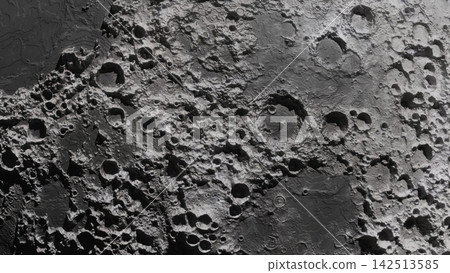 Closeup lunar surface with overlapping impact craters and rugged mare plains under high contrast lighting showing detailed crater rims and ejecta, with lunar, moon, crater, impact detail Closeup lunar surface with overlapping impact craters and rugged mare plains under high contrast lighting showing detailed crater rims and ejecta, with lunar, moon, crater, impact detail 142513585