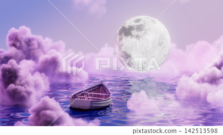Small wooden rowboat floating on reflective lavender sea under oversized full moon surrounded by pastel cloud islands, with boat, rowboat, wooden, sea detail, showing ocean, water, lavender, purple Small wooden rowboat floating on reflective lavender sea under oversized full moon surrounded by pastel cloud islands, with boat, rowboat, wooden, sea detail, showing ocean, water, lavender, purple 142513598