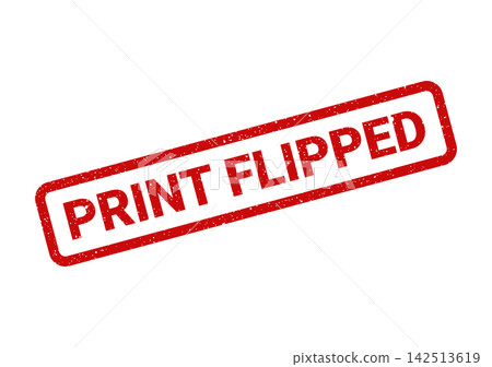 Red grunge rubber stamp mark featuring PRINT FLIPPED text, useful for production or design process indication 142513619